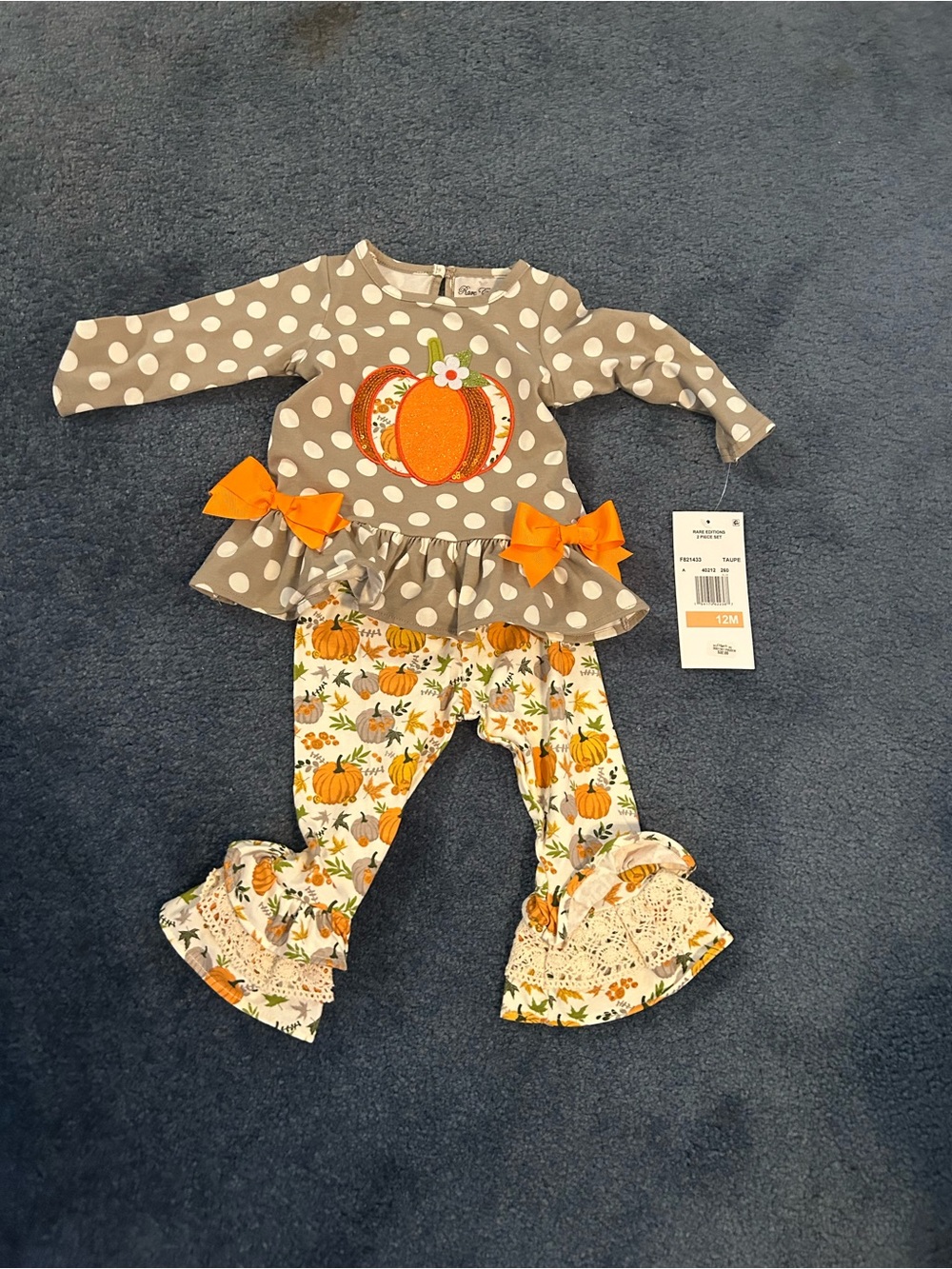 Girls Gray Polka Dot Pumpkin Outfit with Orange Accents